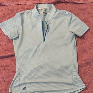 Adidas Blue and White Striped Golf Zip Polo